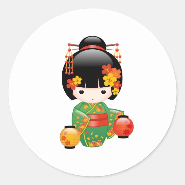 Fall Kokeshi Doll - Green Kimono Geisha Girl Classic Round Sticker (Front)