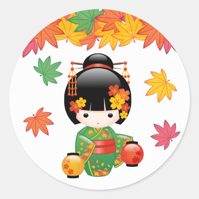 Fall Kokeshi Doll - Green Kimono Geisha Girl Classic Round Sticker (Front)