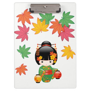 Fall Kokeshi Doll - Green Kimono Geisha Girl Clipboard