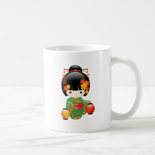 Fall Kokeshi Doll - Green Kimono Geisha Girl Coffe Coffee Mug