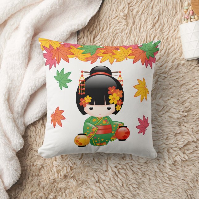 Fall Kokeshi Doll - Green Kimono Geisha Girl Cushion (Blanket)