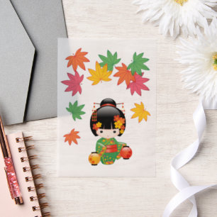 Fall Kokeshi Doll Green Kimono Geisha Girl Insert Vellum Invitations