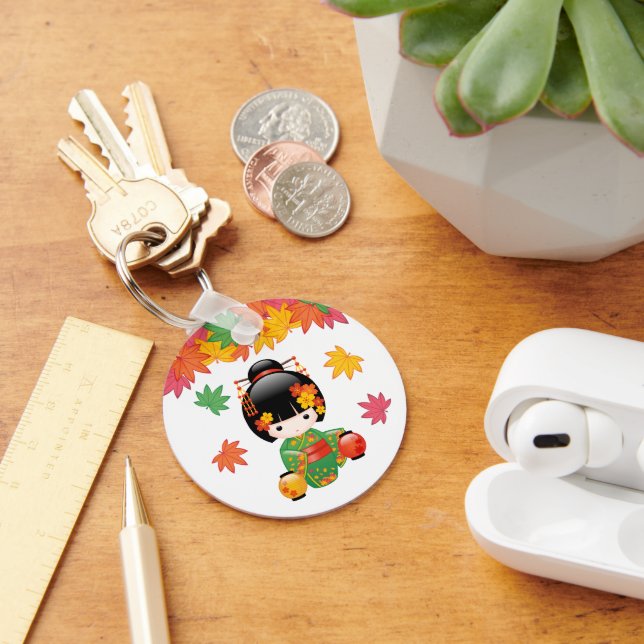 Fall Kokeshi Doll - Green Kimono Geisha Girl Key Ring (Desk)