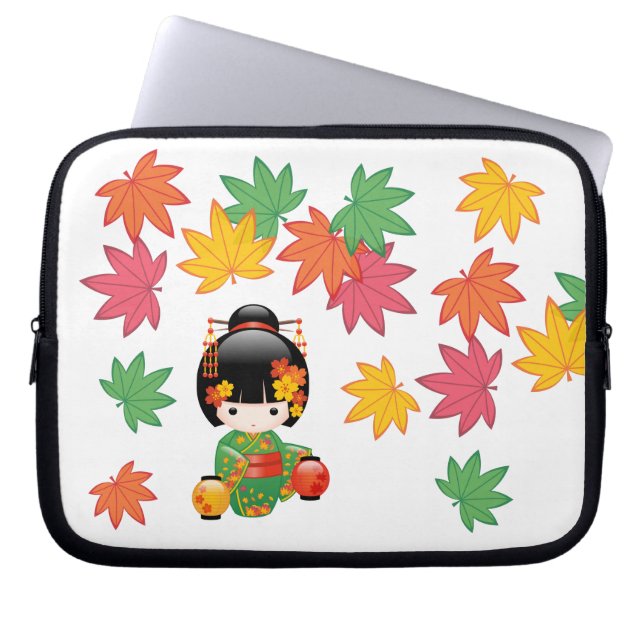 Fall Kokeshi Doll - Green Kimono Geisha Girl Laptop Sleeve (Front)
