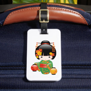 Fall Kokeshi Doll - Green Kimono Geisha Girl Luggage Tag