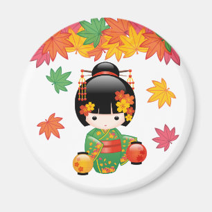 Fall Kokeshi Doll - Green Kimono Geisha Girl Magnet