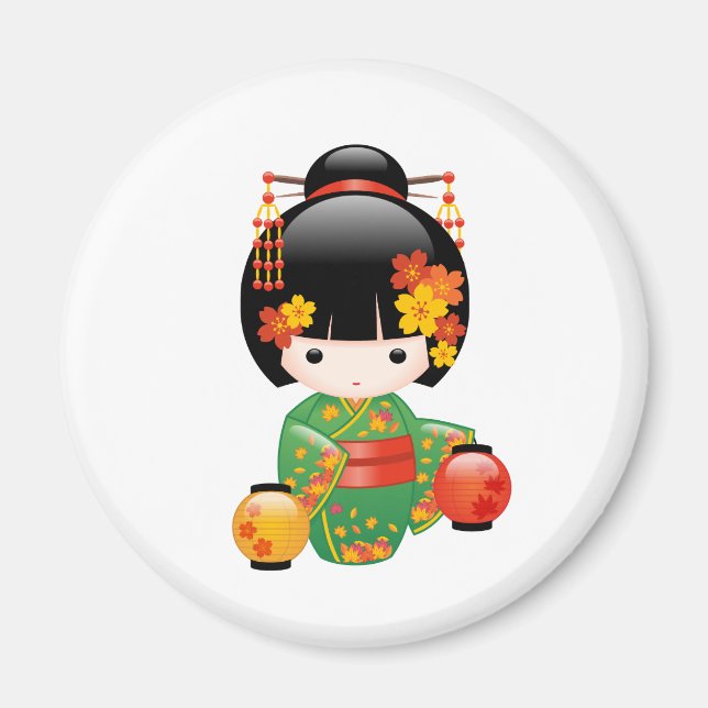 Fall Kokeshi Doll - Green Kimono Geisha Girl Magnet (Front)