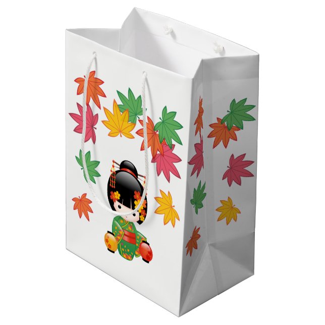 Fall Kokeshi Doll - Green Kimono Geisha Girl Medium Gift Bag (Back Angled)