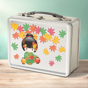 Fall Kokeshi Doll - Green Kimono Geisha Girl Metal Lunch Box