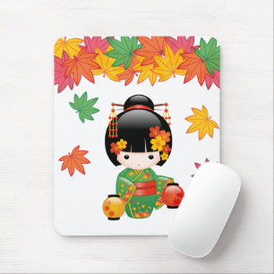 Fall Kokeshi Doll - Green Kimono Geisha Girl Mouse Mat
