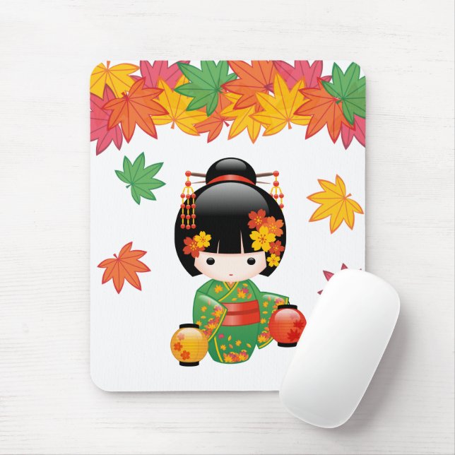 Fall Kokeshi Doll - Green Kimono Geisha Girl Mouse Mat (With Mouse)