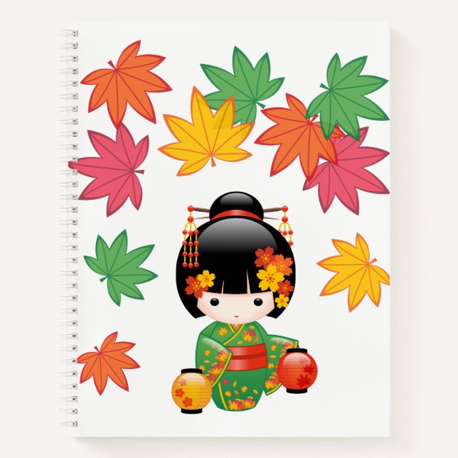 Fall Kokeshi Doll - Green Kimono Geisha Girl Notebook (Front)