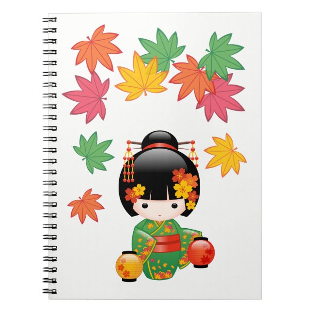 Fall Kokeshi Doll - Green Kimono Geisha Girl Notebook (Front)