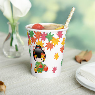 Fall Kokeshi Doll - Green Kimono Geisha Girl Paper Cups