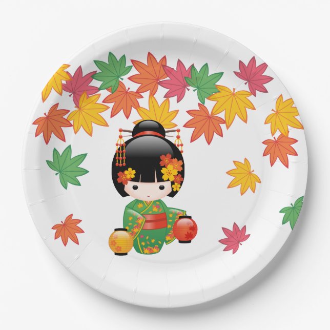 Fall Kokeshi Doll - Green Kimono Geisha Girl Paper Plate (Front)
