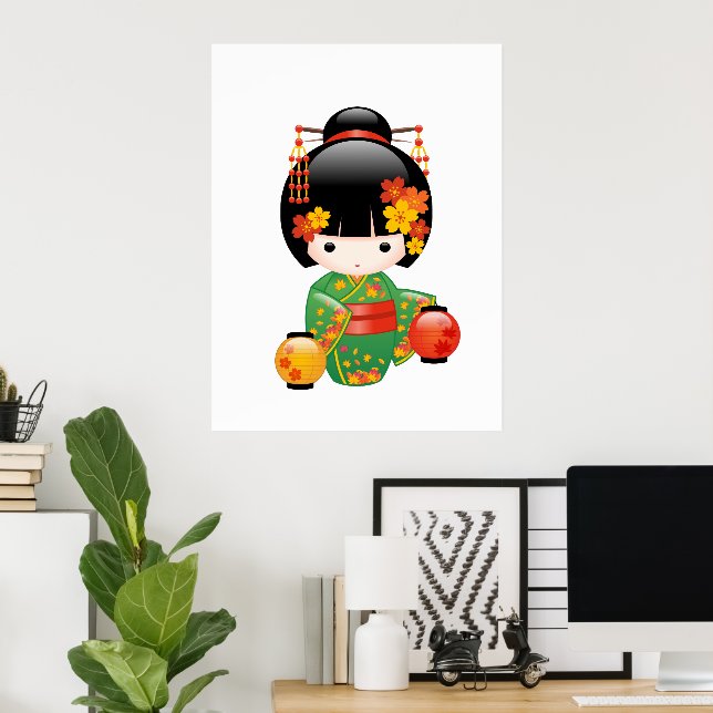 Fall Kokeshi Doll - Green Kimono Geisha Girl Poster (Home Office)