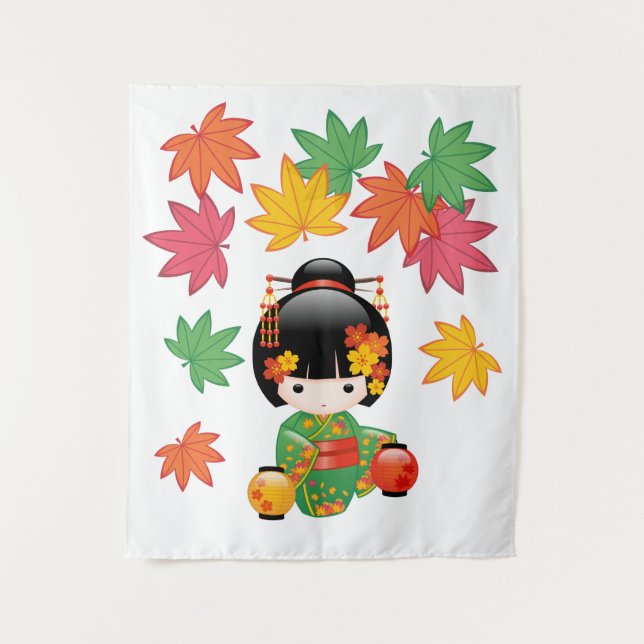 Fall Kokeshi Doll - Green Kimono Geisha Girl Tapestry (Front)