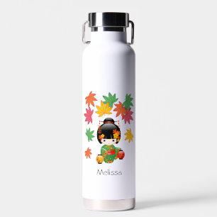 Fall Kokeshi Doll - Green Kimono Geisha Girl Water Bottle