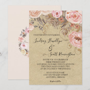 Fall Kraft Pink Earthy Watercolor Floral Rose Gold Invitation