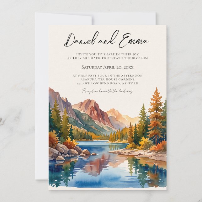 Fall Lake Watercolor Destination Wedding Invitation (Front)