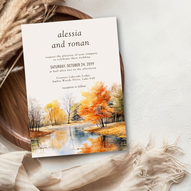 Fall Lake Watercolor Destination Wedding Invitation (Fall Lake Wedding Invite by Darling & May - buy digital download or order professional prints.)