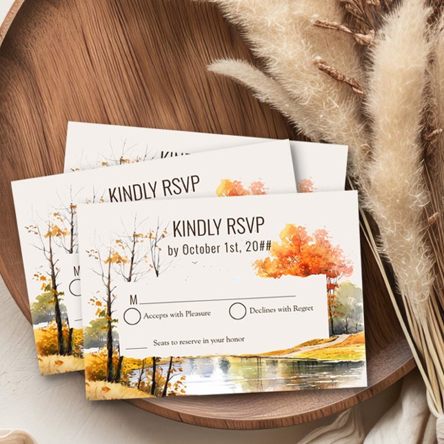 Fall Lake Watercolor Woodsy Landscape RSVP Card (Wedding RSVP Card from the Fall Lake Wedding Collection by Darling & May )