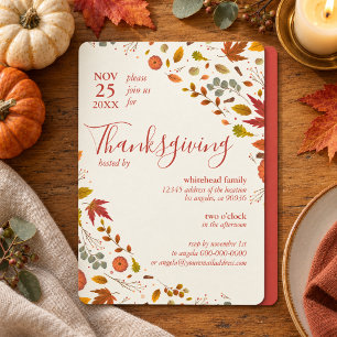 Fall Leaf and Pumpkin Corners Thanksgiving Dinner Invitation