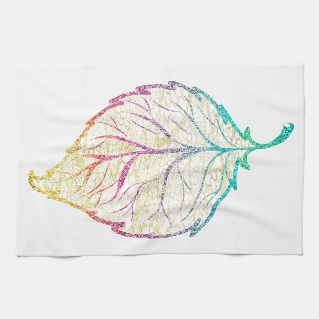 Fall leaf elegant cute pastel pink teal gold  tea towel (Horizontal)