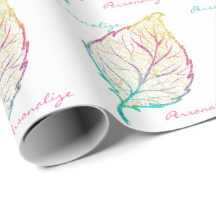 Fall leaf elegant cute pastel pink teal gold wrapping paper