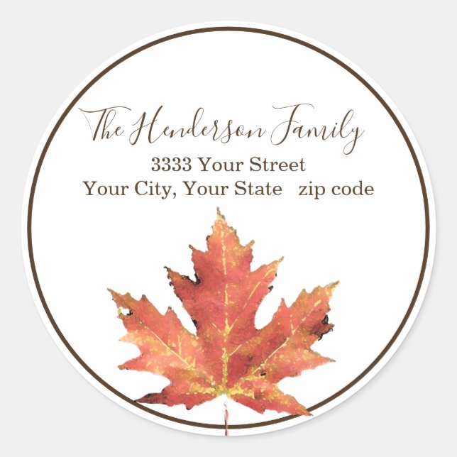 Fall Leaf Elegant Round Return Address Label (Front)