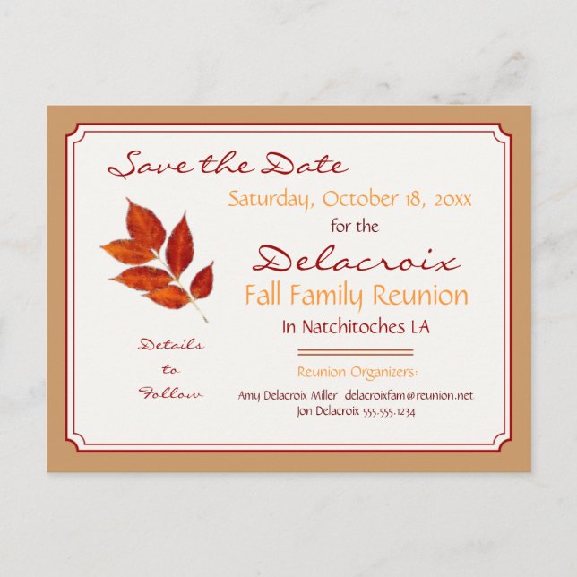 Fall Leaf Family Reunion, Party Save the Date Announcement Postcard (Front)