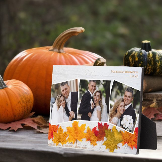 Fall Leaf Newlywed Photo Collage Autumn Wedding Plaque (Creator Uploaded)