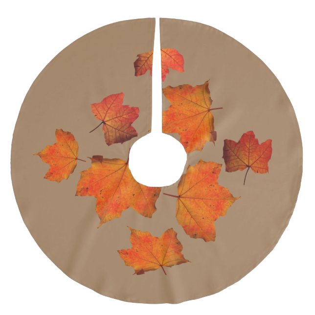 Fall Leaf Patterns Rustic Wood Brown Colour Maple Brushed Polyester Tree Skirt (Front)