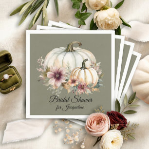Fall Leaf Pumpkin Floral Taupe Sage Bridal Shower Napkin