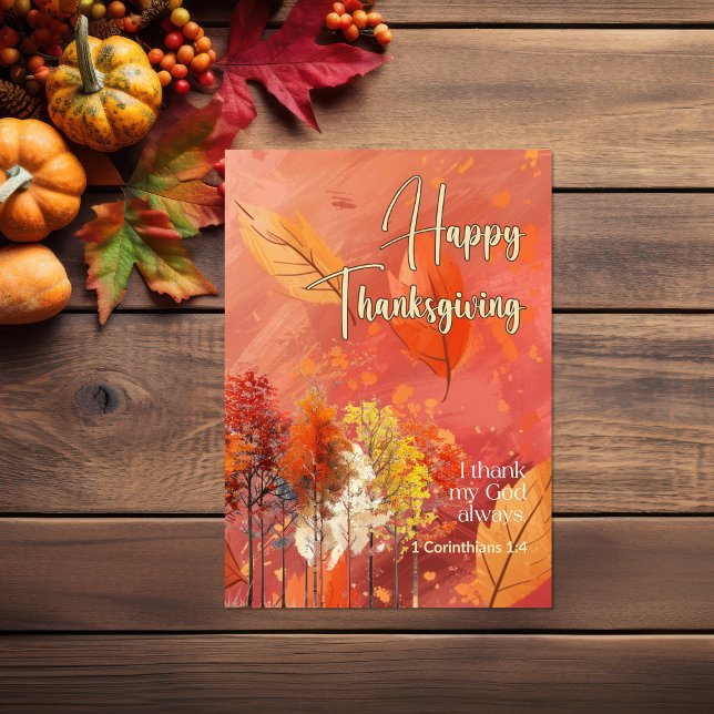 Fall Leaf Trees Bible Verse Happy Thanksgiving Card (Brush stroke leaves and trees Bible verse Thanksgiving Card)