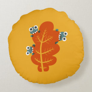 Fall Leaf With Funny And Cute Bugs - Yellow Orange Round Cushion