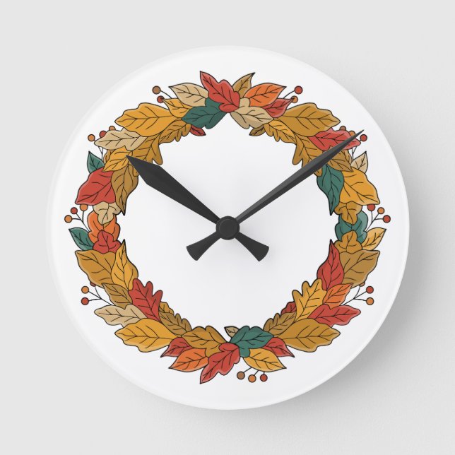Fall Leaf Wreath Circle Round Clock (Front)