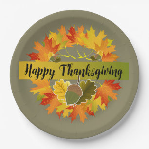 Fall Leaf Wreath with Acorns, Happy Thanksgiving Paper Plate