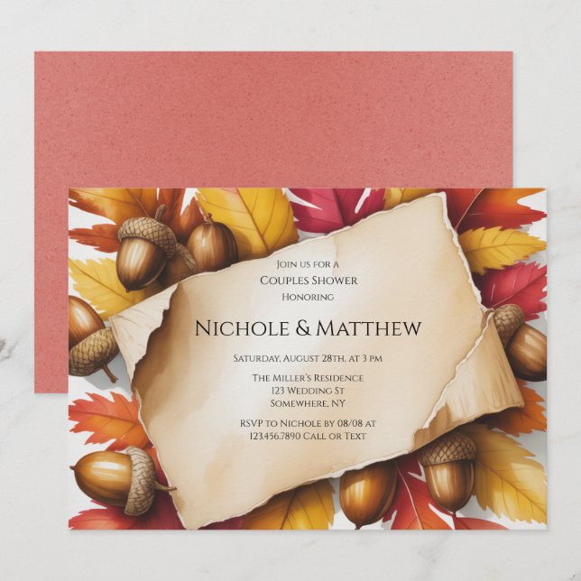 Fall Leaves & Acorns Rustic Couples Shower Invitation (Front/Back)