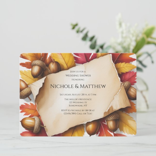 Fall Leaves & Acorns Rustic Wedding Shower Invitation (Standing Front)