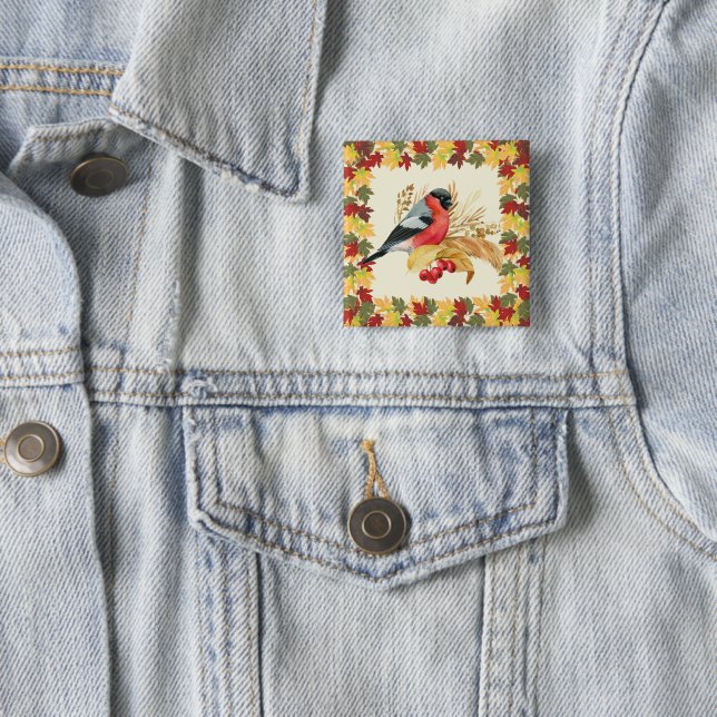 Fall leaves and bird  15 cm square badge (In Situ)