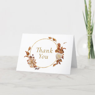 Fall Leaves and Flowers Gold Round Wreath Thank You Card