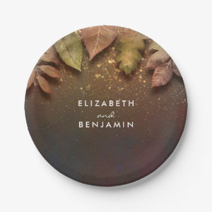 Fall Leaves and Gold Glitter Wedding Paper Plate