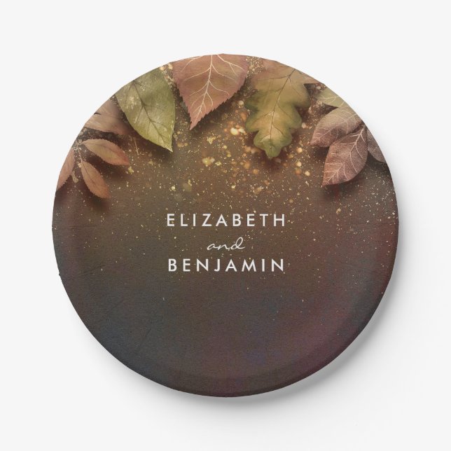 Fall Leaves and Gold Glitter Wedding Paper Plate (Front)