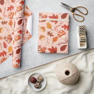 Fall Leaves and Mushrooms Seamless Wrapping Paper