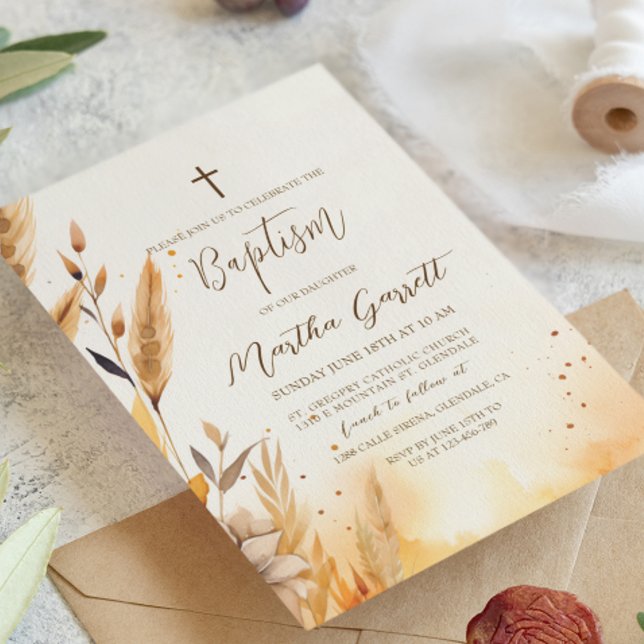 Fall Leaves and Pampas Girl Baptism  Invitation (Creator Uploaded)