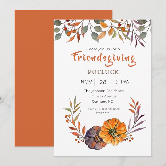 Fall leaves and pumpkin Friendsgiving invitation (Front/Back)