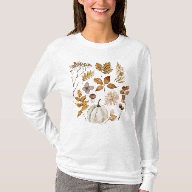 Fall Leaves and Pumpkin  T-Shirt (Front)