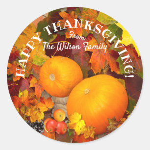 Fall leaves and pumpkins Happy Thanksgiving Classic Round Sticker