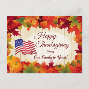 Fall Leaves and US Flag Family Thanksgiving Holiday Postcard
